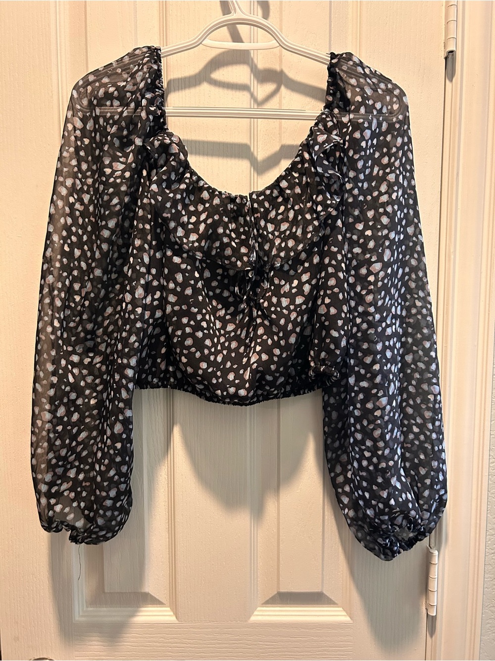 She + Sky Navy Sheer Printed Cropped Peasant Blouse